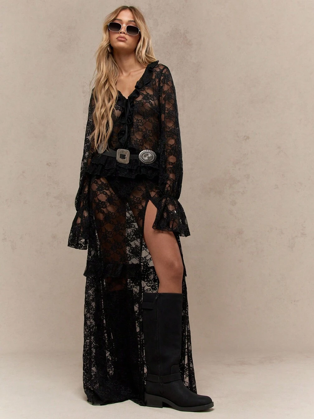 missguided boho dress MISSGUIDED Boho Ruffle Details V-Neck Full Sleeve Side Slit Sheer Lace Maxi  Dress Without Belt｜MISSGUIDED