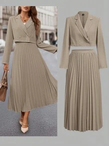 SHEIN Clasi Women's Elegant Apricot Short Suit Jacket & Pleated A-Line Skirt 2 Pieces Set - Khaki - View 1