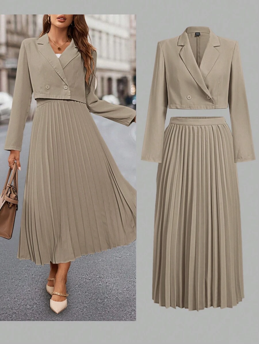 SHEIN Clasi Women's Elegant Apricot Short Suit Jacket & Pleated A-Line Skirt 2 Pieces Set - Khaki - View 1