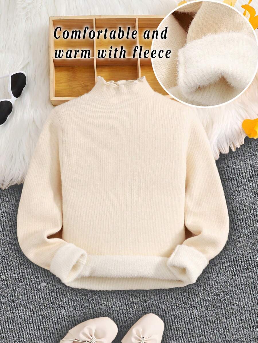 Tween Girl Fleece High Neck Frill Trim Casual Warm Sweater For Everyday Wear - Beige - View 1