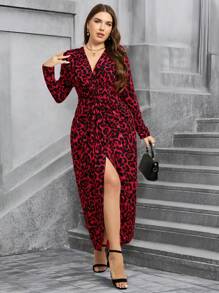 SHEIN Clasi 加大码多色豹纹深 V 领扭纹修身中长连衣裙，适合曲线优雅女性服装