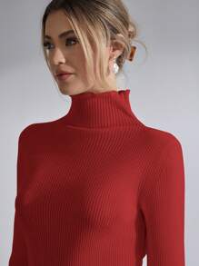 SHEIN 女士法式莴苣边饰针织连衣裙 - 紅色 - 查看 5