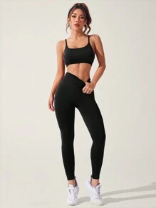 Slayform 女士纯色系带短款吊带背心和紧身裤休闲运动套装健身套装健身女士套装女士健身套装