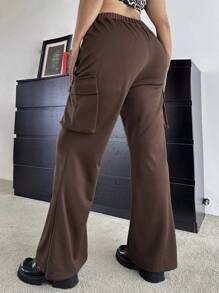 SHEIN Unity High Waisted Slim Fit Flare Leg Cargo Pants With Pockets, Fashionable Plus Size Casual Trousers, Autumn New Arrival Fall Cloth For Women - Coffee Brown - View 2