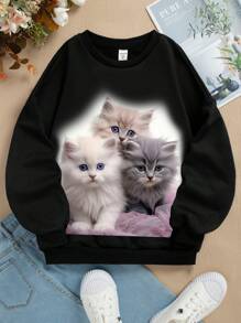 SHEIN Leap Crew Tween Girl Casual Pattern Long Sleeve Crew Neck Thick Sweatshirt - Black - View 1