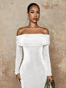 SHEIN BAE Women's Autumn Off-Shoulder Solid Color Long Sleeve Fitted Dress - White - View 3