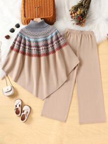 2pcs Tween Girl Geometric Pattern Raglan Sleeve Turtleneck Cape Sweater & Wide Leg Knit Pants Set - Khaki - View 2