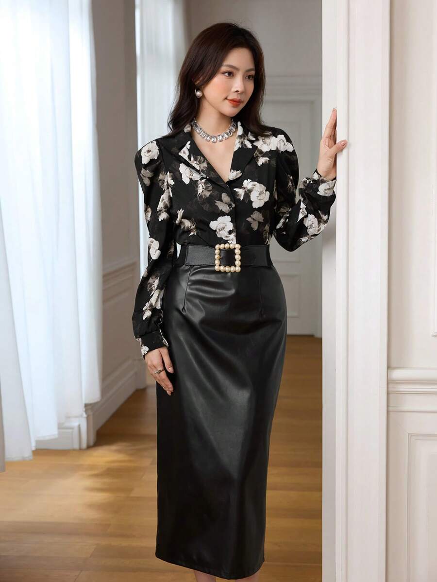 Modelyn 2 件套女士套装：法式 V 领碎花泡泡袖高腰修身裙套装 2 件套 - 黑色 - 查看 1