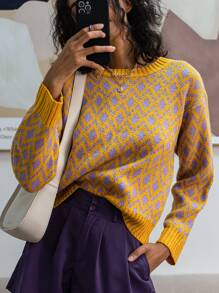 Chiquease 拼色几何印花圆领休闲长袖针织套头衫