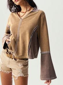 Bohemela Vrouwen effen kleur patchwork lange mouwen rits voorkant casual T-shirt