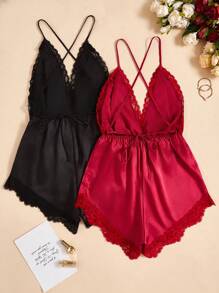 SilkySpell 蕾丝拼布深 V 露背性感仿丝女式睡衣连体衣 - 彩色 - 查看 2