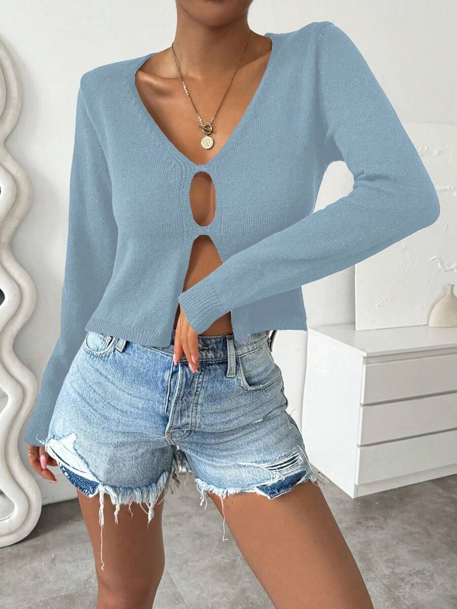 Chiquease Suéter de Tricô Feminino Casual de Cor Sólida com Decote em V de Manga Longa, Outono e Inverno - Azul - Visão 1
