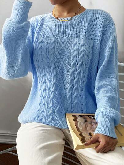 EMERY ROSE Plus Size Women Solid Color Simple Casual Crew Neck Long Sleeve Sweater, For Winter Knit Pullover Fall Outfit Autumn