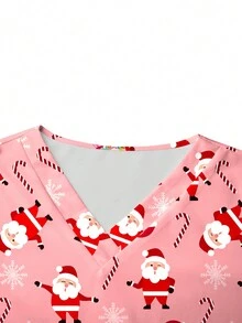 PopScrub 圣诞节可爱卡通圣诞老人V领短袖口袋挂耳下摆护士制服手术服套装白胡子圣诞老人卡通主题护理制服上衣，圣诞女装 - 粉色 - 查看 8