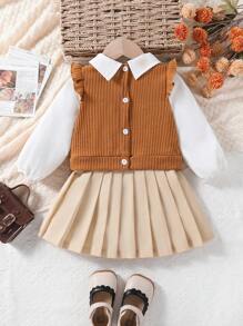 SHEIN Bộ đồ xuân/thu cho bé gái, áo hai mảnh màu sắc tương phản bão hòa cao và chân váy xếp ly, thích hợp cho hoạt động ngoài trời và tiệc tùng - Nhiều màu - Xem 2