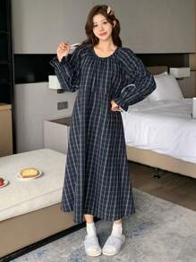 DAZY Plaid Ruched Design Raglan Sleeve Ruffle Trim Loungewear Dress Pajama - Navy Blue - View 3