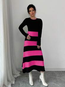 Elenzga Women Casual Daily Colorblock Striped Sweater Dress, Autumn/Winter Fall Cloth For Women