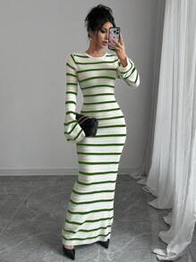 Chiquease Striped Extra Long Backless Tie-Up Flare Sleeve Sweater Dress For Women Fall Cloth For Women - Army Green - View 1