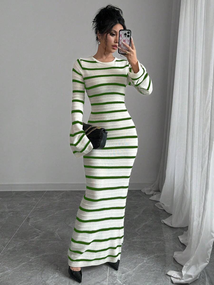 Chiquease Striped Extra Long Backless Tie-Up Flare Sleeve Sweater Dress For Women Fall Cloth For Women - Army Green - View 1