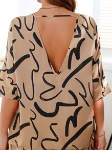 INAWLY 2pcs Plus Size Women Summer Striped Print V-Neck Batwing Blouse And High Waist Drawstring Pants Casual Set