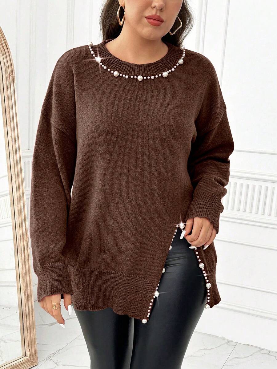 SHEIN Clasi Plus Size Casual Solid Color Faux Beaded Decor Split Hem Sweater, Autumn/Winter Knit Pullover Fall - Brown - View 1
