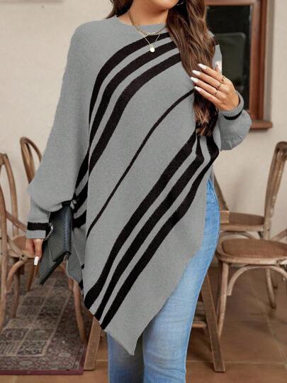 SHEIN LUNE Suéter casual de cuello redondo, manga de murciélago y manga larga a rayas para mujer de talla grande, de punto, para otoño/invierno