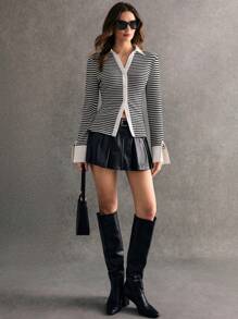 Poéselle 女式条纹撞色翻领单排扣长袖休闲衬衫，秋季 - 黑與白 - 查看 1