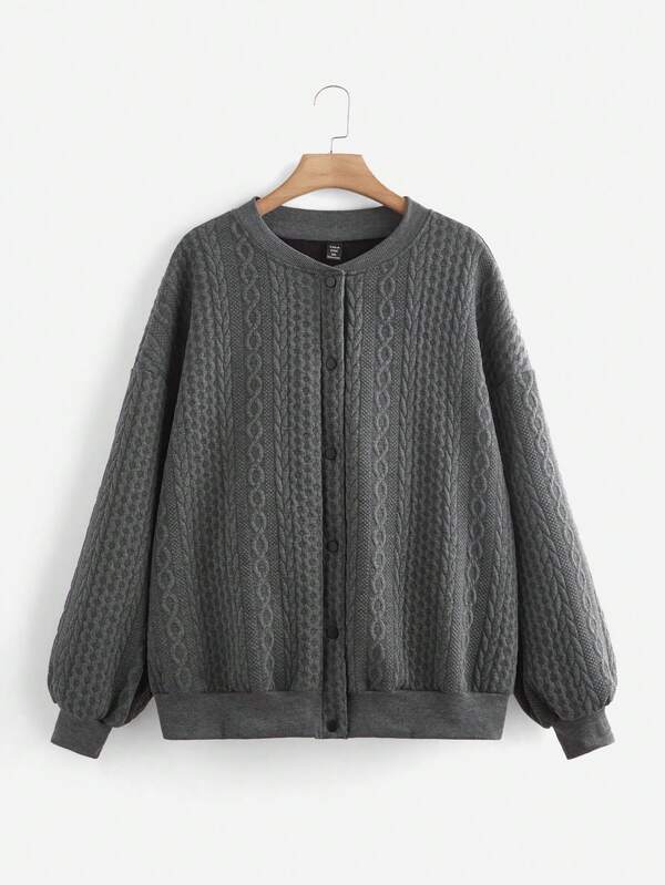 SHEIN EZwear Plus Size Solid Color Front Button Thick Texture Long Sleeve Jacket, Autumn/Winter