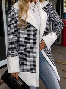 SHEIN Clasi 女士秋冬经典千鸟格双排扣加垫大衣 - 黑與白 - 查看 6