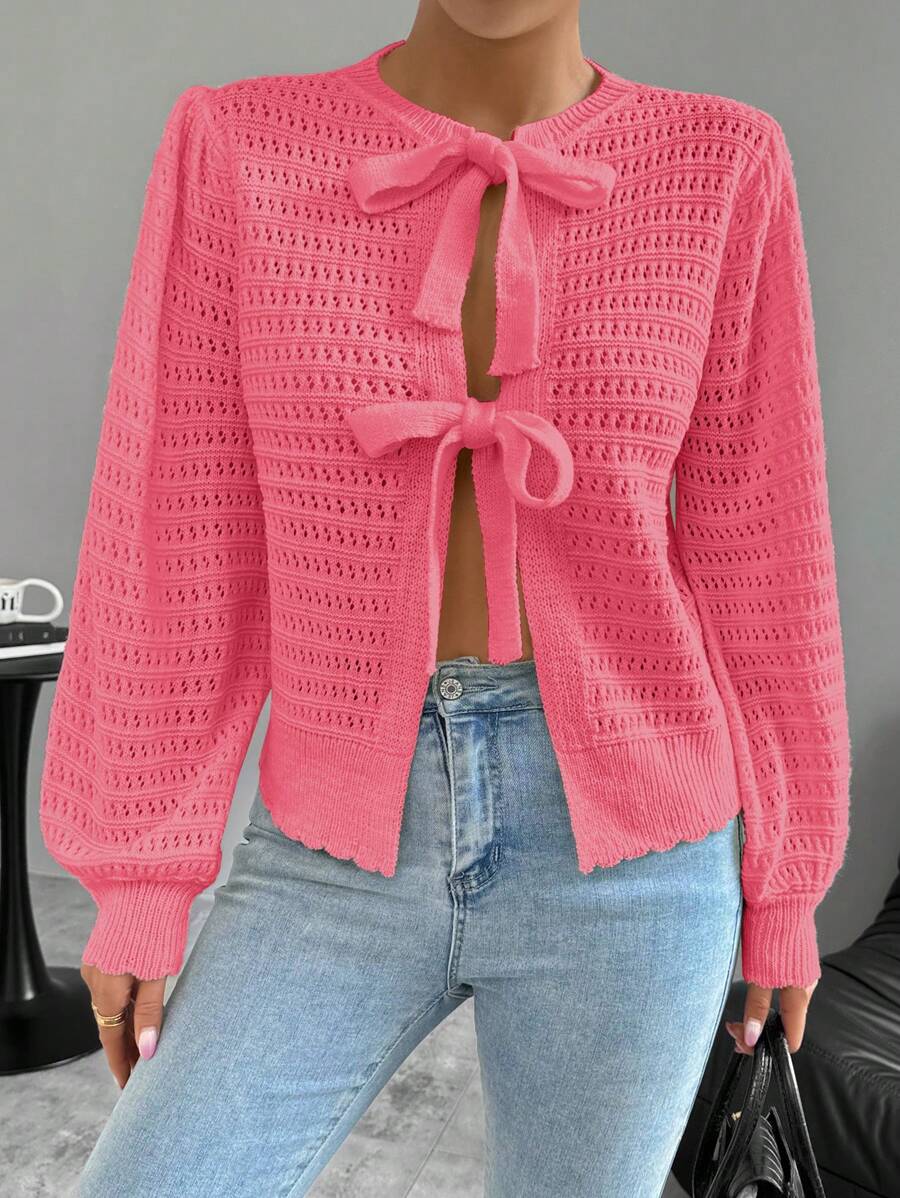 SHEIN Unity 女士休闲镂空针织开衫,前系带,长袖,秋冬 - 玫紅色 - 查看 1