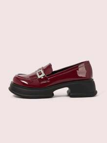 CUCCOO DOLLMOD Comfy Casual College Style Thick-Soled Square Rhinestone Buckle Loafers, Red For Christmas And New Year Holiday Vibe Fall And Winter