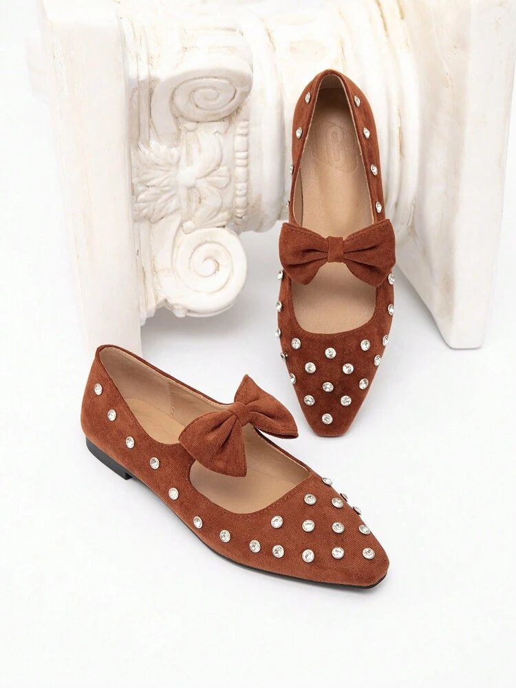 CUCCOO CHICEST Brown Elegant Crystal Bow Faux Suede Rounded Toe Cute Flat Shoes For Women