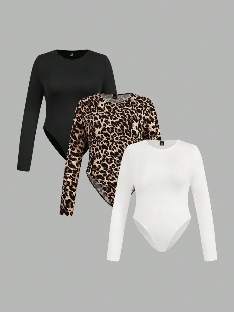 SHEIN EZwear 3Pcs/Set Plus Size Women Casual Leopard & Solid Color Long Sleeve Round Neck Bodysuit For Spring & Autumn, For Winter - Multicolor - View 1