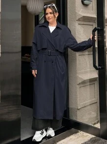 CovetEZ Trench-coat long de couleur kaki pour les grandes tailles, idéal pour le début de l'automne - Bleu marine - Voir 6