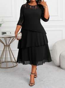 SHEIN Lady Vestido midi profesional empresarial azul de talla grande para mujeres, con mangas huecas, encaje, pespuntes, volantes y capas, ropa y vestidos de profesora para otoño, vestidos de encaje para las cuatro estaciones