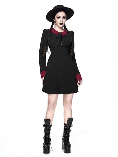 Goth Dark Gothic Style Women Bat Collar Tie Ruched Waist A-Line Stretch Dress