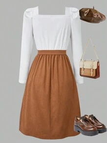 Áo thun cổ vuông tay bồng cho bé gái tuổi teen có nút trang trí và chân váy chữ A bằng vải nhung kẻ - Màu Khaki - Xem 3