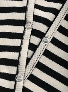 DAZY Striped Patchwork Fitted Cardigan T-Shirt With Camisole For Women,Fall Clothes Long Sleeve Women Tops - Black and White - View 8