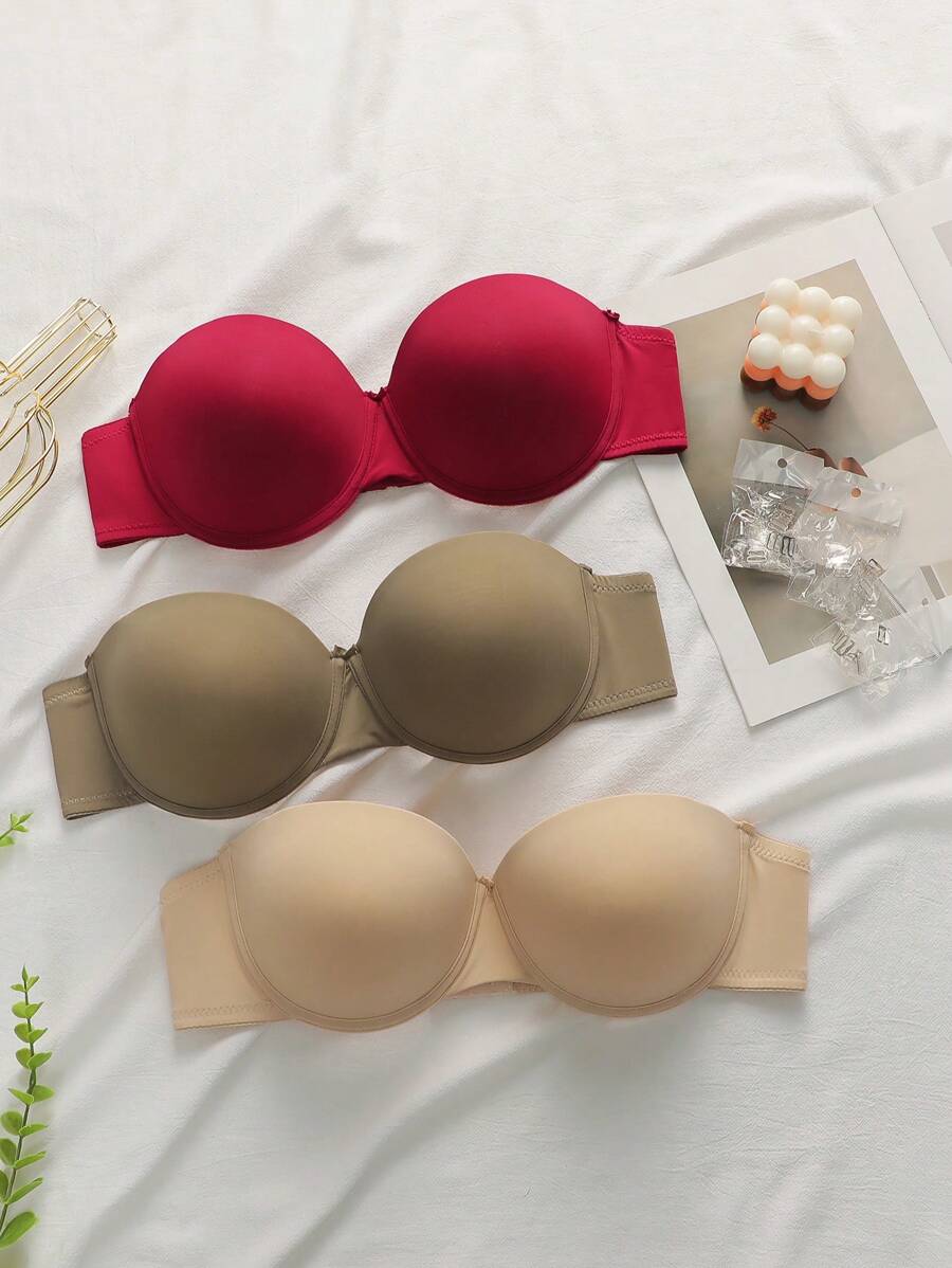 3 chiếc áo ngực không gọng thoải mái không đường may với màu trơn và hiệu ứng nâng ngực - Nhiều màu - Xem 1