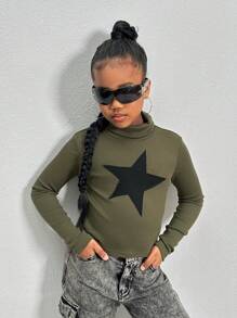 SHEIN Tween Girls Fitted Ribbed Knit Turtleneck Long Sleeve Active Top - Army Green - View 3