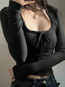 DAZY Women's Lace-Up Design Fitted T-Shirt, Black, Spring/Summer/Autumn Long Sleeve Women Tops,Fall Women Clothes Cute Tops - Black - View 4