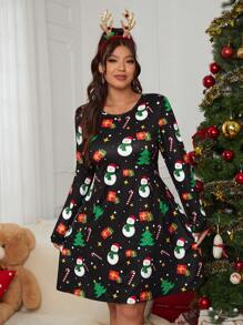 Solflare Vestido de Navidad de manga larga con cuello redondo, talla grande, con estampado a cuadros y motivos navideños como árbol de Navidad, regalo de Santa y muñeco de nieve, con volantes