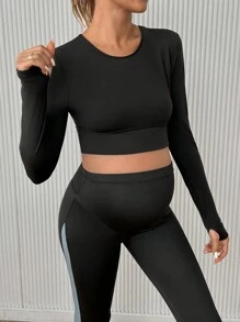 SHEIN Áo crop hoạt động hở lưng màu trơn cho bà bầu, áo crop hoạt động - màu đen - Xem 2