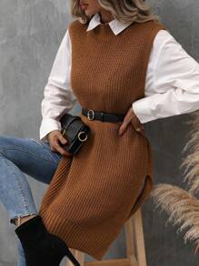 EMERY ROSE Solid Slit Hem Sweater Vest Without Belt & Blouse - Brown - View 3