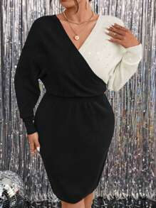 SHEIN Clasi Plus Size Women's Black & Gold Sequin Criss-Cross Wrap Waist Party Holiday Mini Sweater Dress, For Winter - Multicolor - View 5