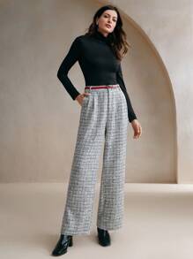 Anewsta Women High Waist Loose Straight Leg Long Pants - Black and White - View 4