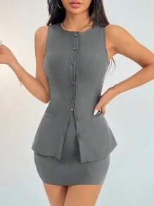 SHEIN PETITE Solid Button Front Vest Blazer & Skirt Suit Set For Summer Business Women Clothes Sexy Office Siren Women Two Pieces Sets Old Money Style Teacher Outfits - Dark Grey - View 5