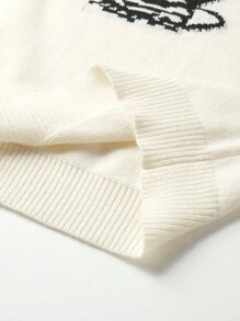 Manfinity Hypemode 男士休闲咖啡色字母图案针织毛衣，秋冬 - 白色 - 查看 6