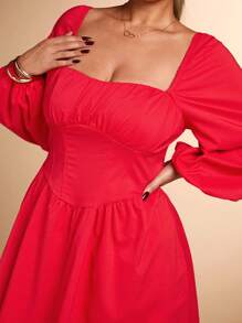 SHEIN BAE Vestido corto de manga larga con detalles de sujetador y silueta A para mujer talla grande, unicolor, estilo de niña dulce en otoño - Rojo - Ver 7