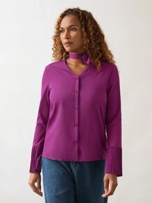 SHEIN Unity Plum Red Flare Sleeve Tie Detail Women Blouse, Autumn/Winter - Red Violet - View 6